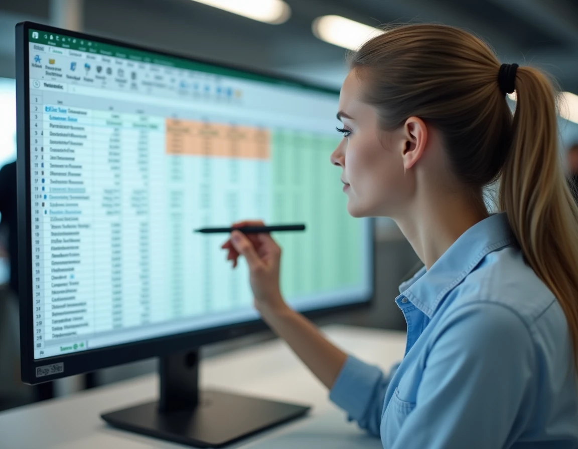 Femme professionnelle travaillant sur Excel pour supprimer des doublons dans une feuille de calcul sur grand écran