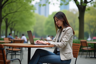 Jeune femme travaillant sur un ordinateur dans un café en ville