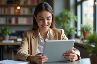 Femme souriante utilisant une tablette dans un espace de coworking lumineux