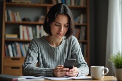 Femme utilisant un Nokia 3310 pour explorer des astuces et paramètres méconnus, assise à un bureau en bois dans un bureau à domicile chaleureux