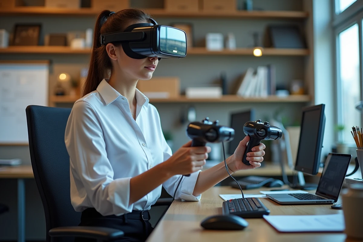 Jeune femme manipulant une machine virtuelle en bureau moderne