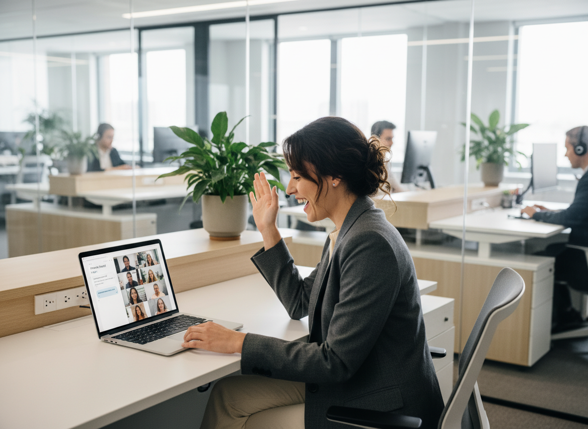 Femme en visioconference dans un bureau moderne et convivial