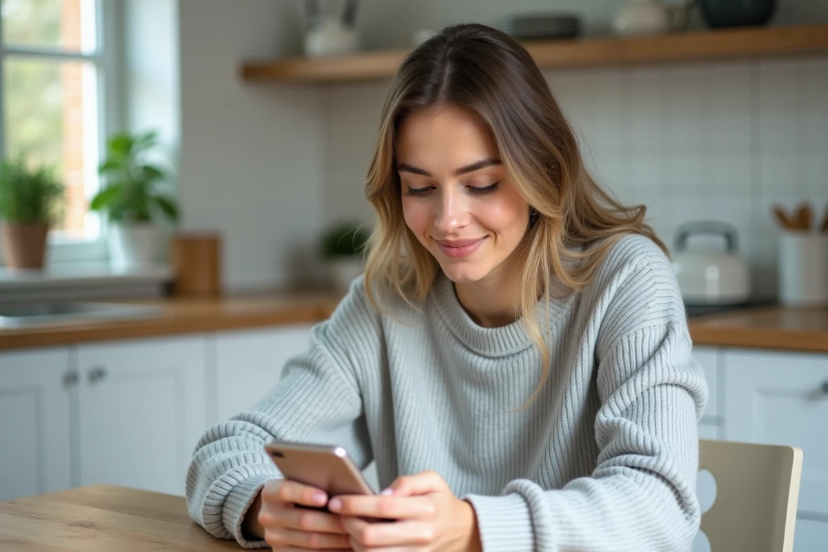 Jeune femme utilisant WhatsApp sur smartphone pour mettre du texte en italique, assise dans une cuisine moderne