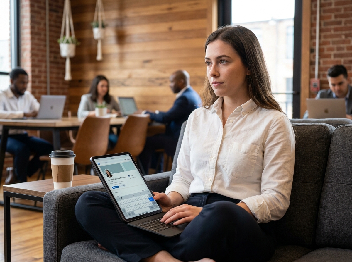 Jeune professionnelle gérant la présence sur les réseaux sociaux d'un cabinet comptable depuis une tablette numérique