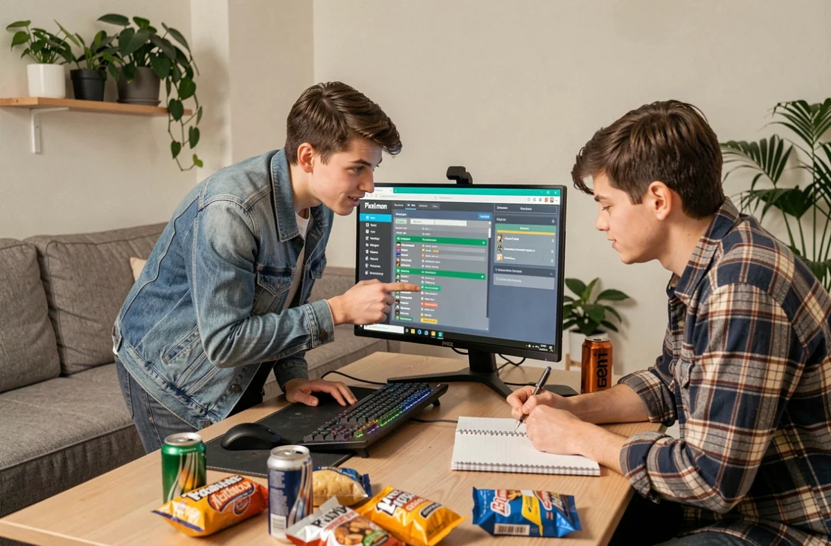 Deux amis gérant un serveur Pixelmon gratuit sur un ordinateur de bureau dans un appartement partagé, consultant un tableau de bord d'hébergement