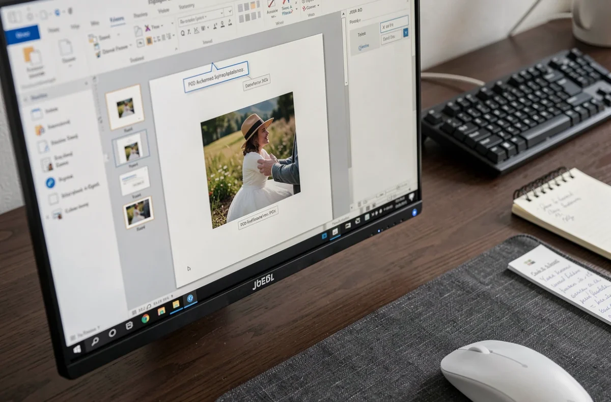 Gros plan sur un écran Windows avec un logiciel PDF ouvert pour insérer une photo dans un document