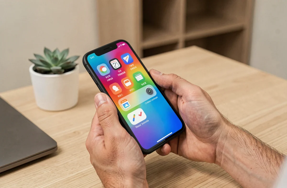 Gros plan de mains tenant un smartphone Google Pixel 8a avec interface affichée, dans un bureau minimaliste à domicile