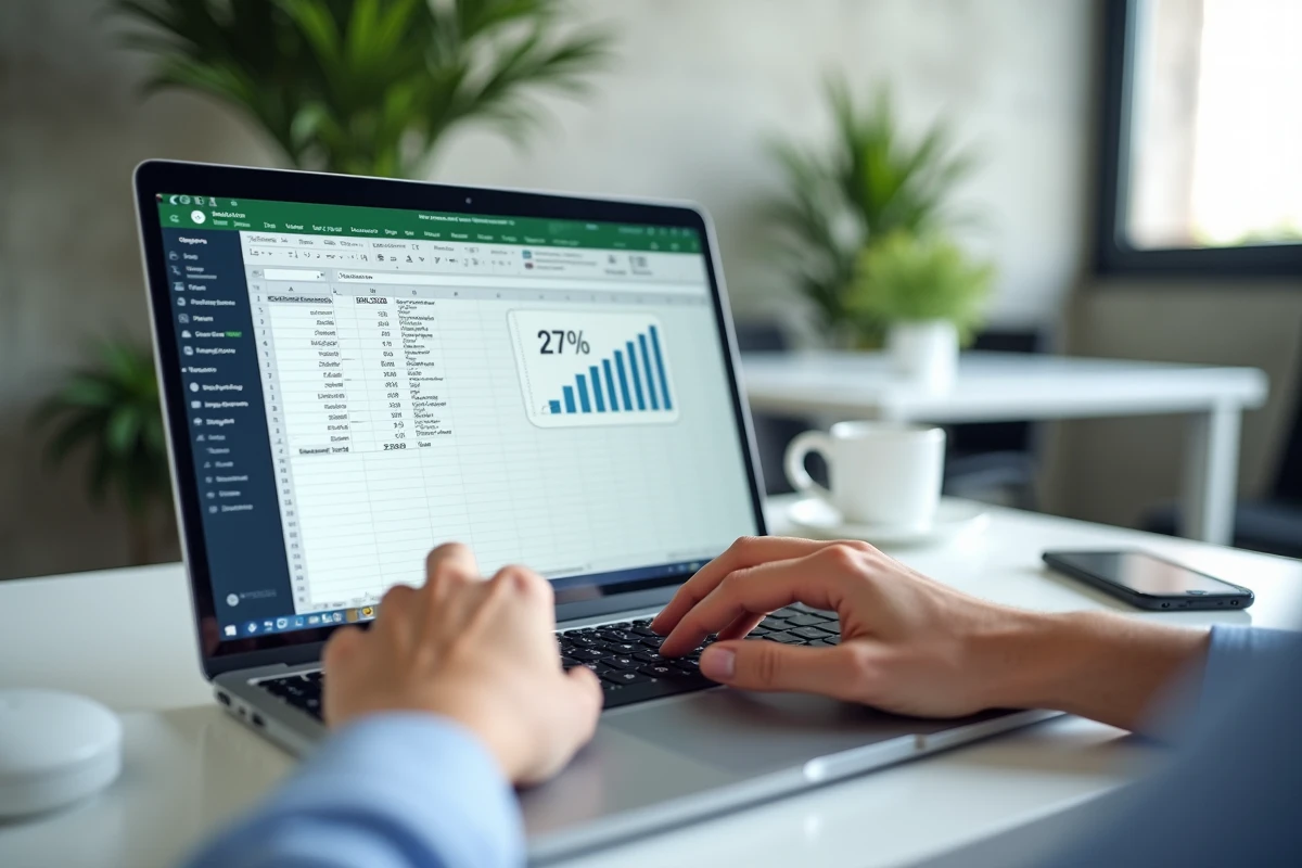 Gros plan de mains saisissant une formule de calcul d'augmentation en pourcentage dans Excel sur un ordinateur portable