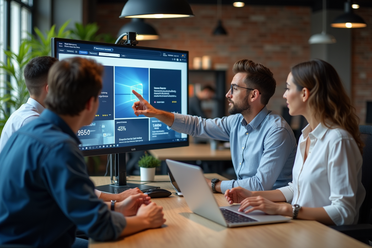 Groupe de trois personnes collaborant autour d un écran dans un espace de coworking