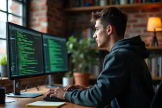 Jeune développeur configurant un serveur Minecraft sur un PC de bureau à domicile avec terminal console visible