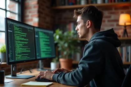 Jeune développeur configurant un serveur Minecraft sur un PC de bureau à domicile avec terminal console visible