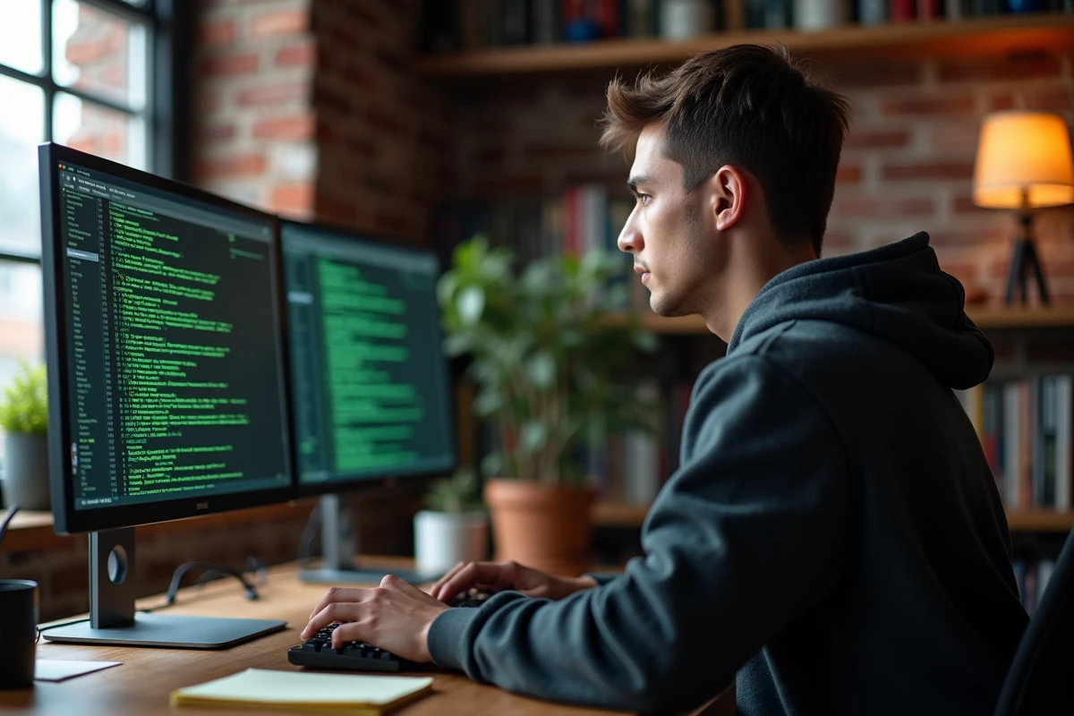 Jeune développeur configurant un serveur Minecraft sur un PC de bureau à domicile avec terminal console visible