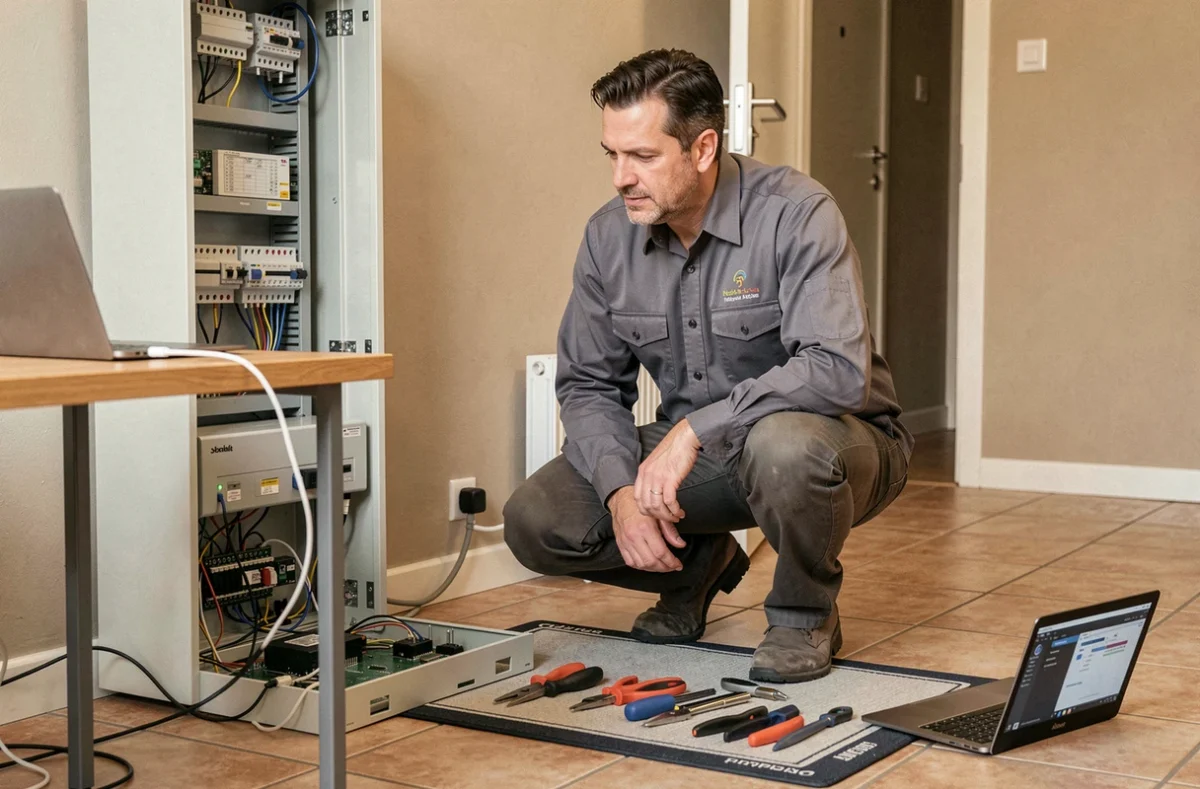 Technicien de Home Electricity effectuant un dépannage informatique et électronique dans une maison à Lille