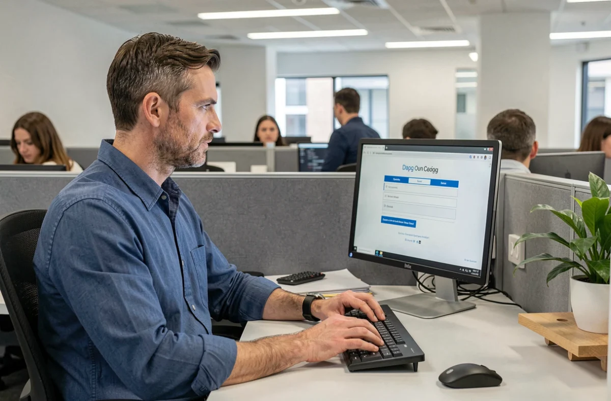 Homme en bureau open-space cherchant à accéder à sa messagerie webmail sur un ordinateur de bureau