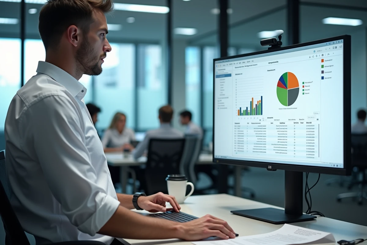 Homme d'affaires analysant un graphique camembert Excel sur grand écran dans un open space