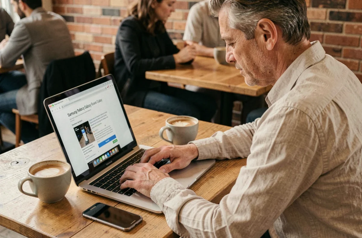 Homme lisant des avis consommateurs sur le Samsung Galaxy dans un café avant de finaliser son achat