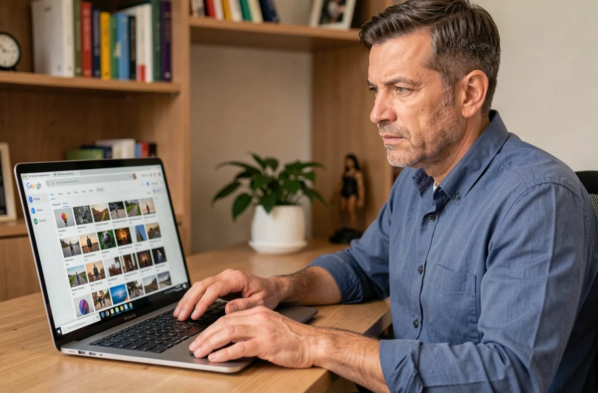 Homme consultant la bibliothèque Google Photos sur son ordinateur portable dans un bureau à domicile