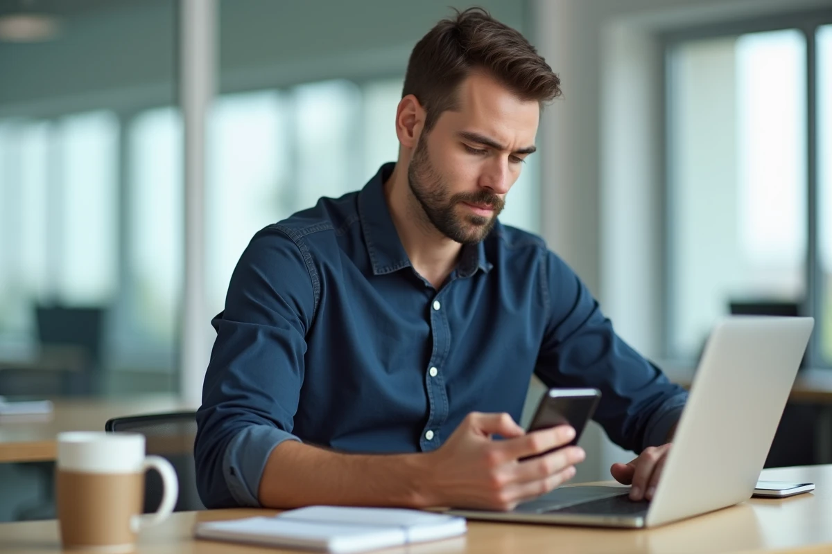 Homme en bureau consultant son smartphone pour utiliser les astuces de mise en forme WhatsApp comme l'italique