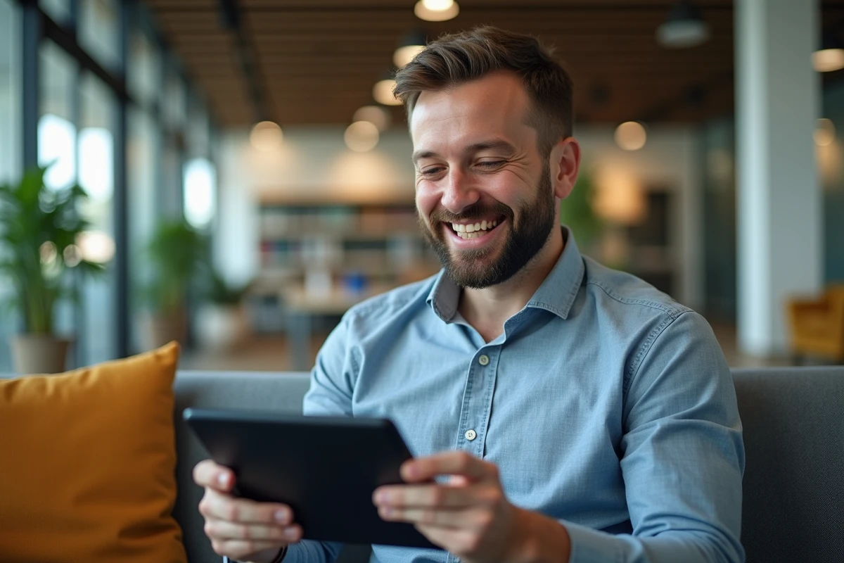 Homme d administration souriant dans un espace lounge