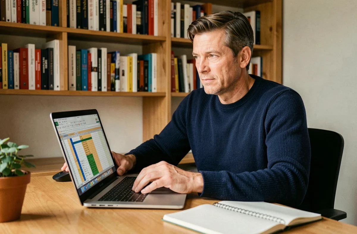 Homme travaillant sur un fichier Excel avec des réglages de propagation de formules depuis son bureau à domicile