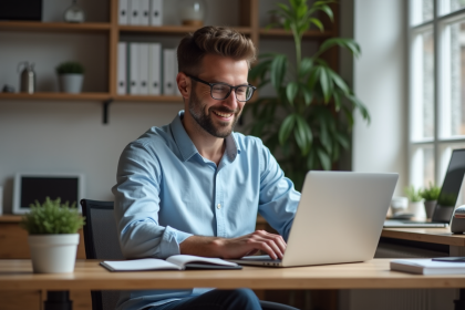 Homme concentré travaillant sur son ordinateur dans un bureau moderne