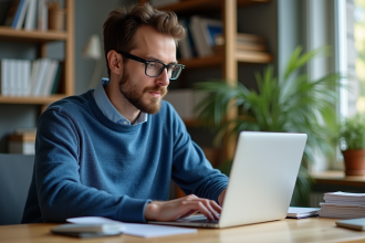 Homme en bureau lisant des articles sur un ordinateur