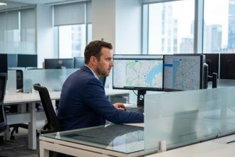 Homme professionnel en costume navy au bureau moderne