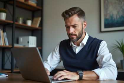 Homme d'âge moyen travaillant sur un ordinateur dans un bureau à domicile