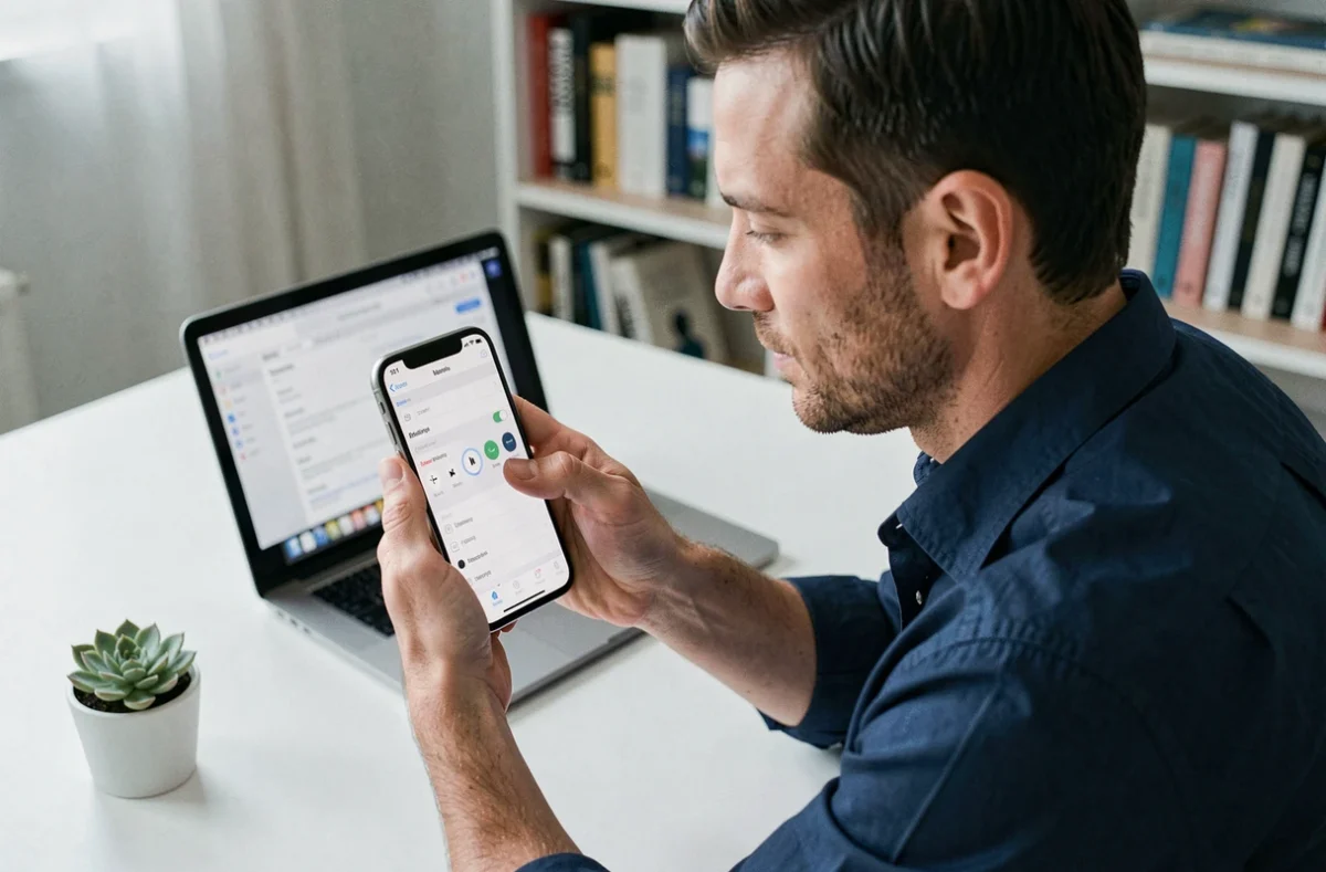 Homme en télétravail modifiant la sonnerie assignée à un contact sur son iPhone depuis son bureau à domicile