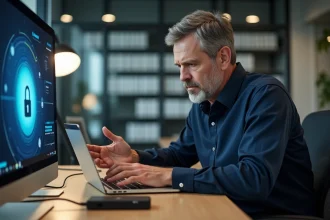 Homme d'affaires travaillant sur un ordinateur avec disque dur sécurisé