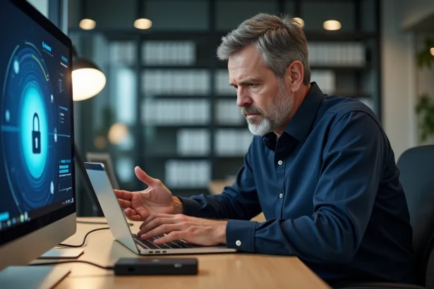 Homme d'affaires travaillant sur un ordinateur avec disque dur sécurisé