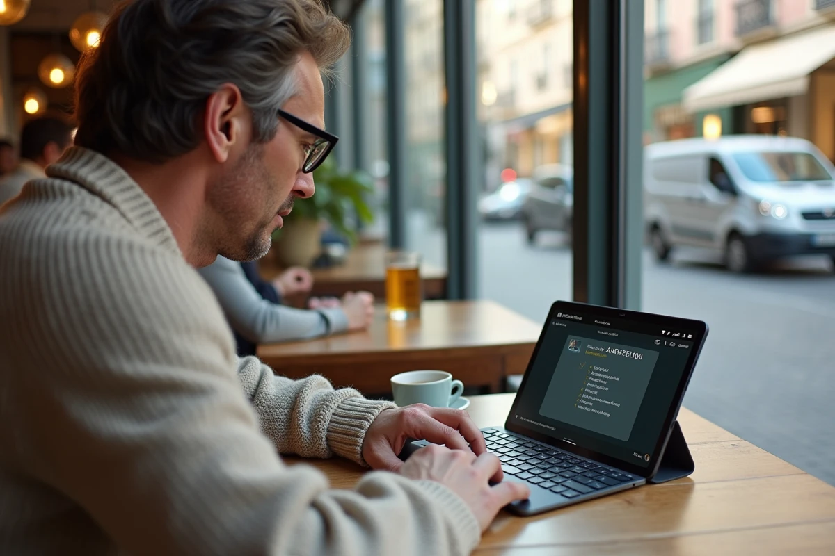 Homme au café utilisant un clavier AZERTY avec tableau d