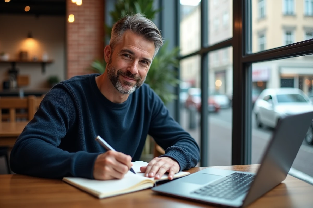Homme travaillant dans un café avec une application d'écriture sans distraction affichant un compteur de mots