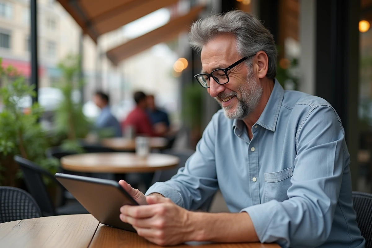 Homme détendu utilisant une tablette dans un café urbain