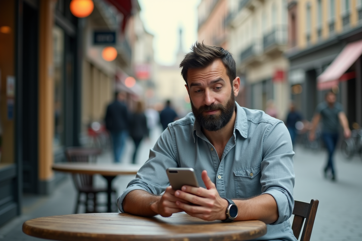 Homme barbu au café en extérieur parlant au téléphone