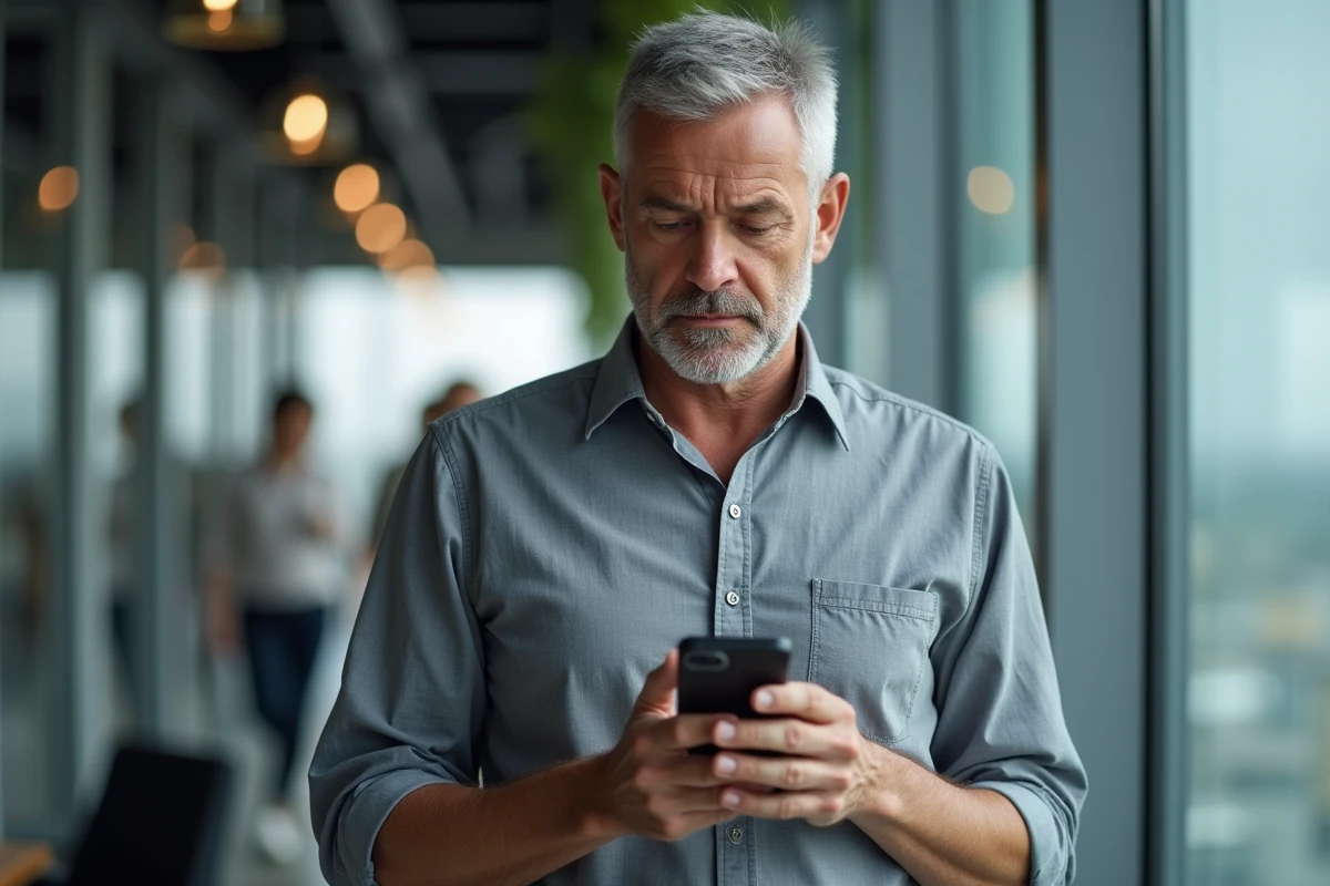 Homme d'affaires consultant un chatbot IA sur smartphone dans un open space, questionnant la sécurité de ses données