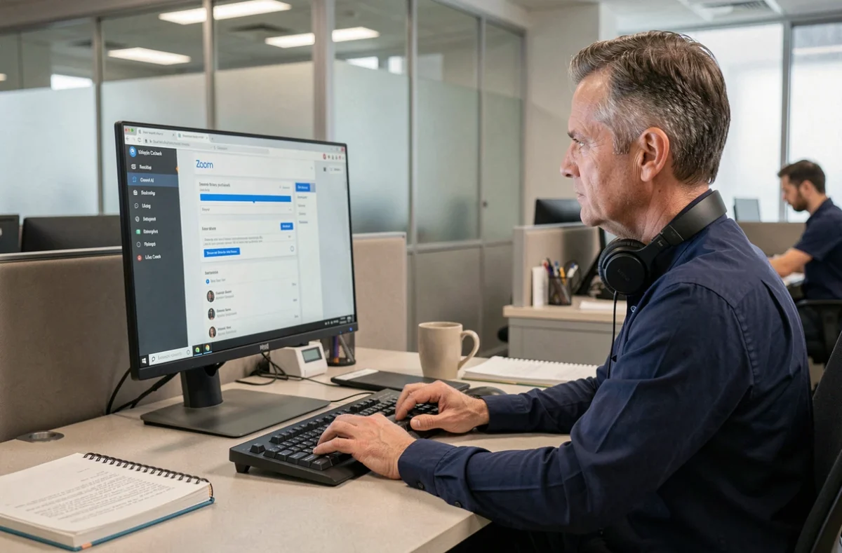 Homme d'affaires configurant l'application Zoom sur un ordinateur de bureau dans un open space professionnel