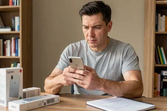 Homme évaluant un Huawei P10 Lite reconditionné posé sur un bureau en bois avec des notes manuscrites