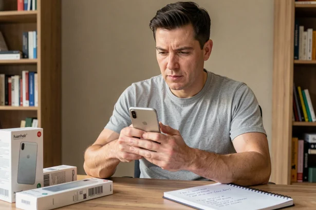 Homme évaluant un Huawei P10 Lite reconditionné posé sur un bureau en bois avec des notes manuscrites