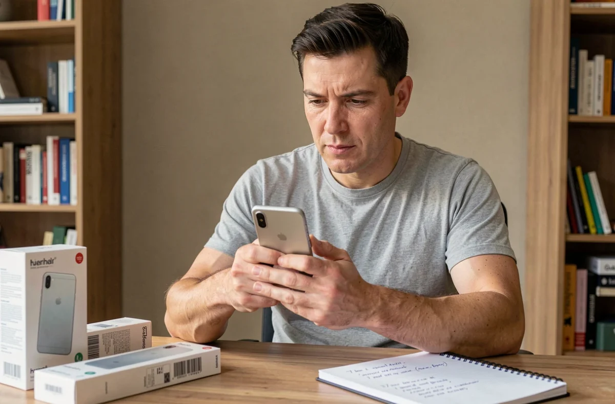 Homme évaluant un Huawei P10 Lite reconditionné posé sur un bureau en bois avec des notes manuscrites