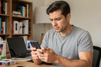 Homme examinant attentivement un smartphone Samsung Galaxy avant l'achat, assis à un bureau moderne à domicile