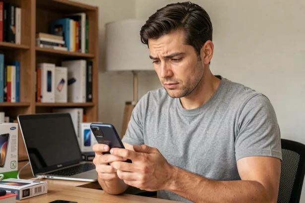 Homme examinant attentivement un smartphone Samsung Galaxy avant l'achat, assis à un bureau moderne à domicile