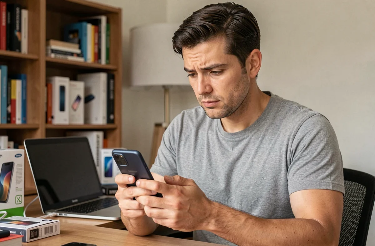 Homme examinant attentivement un smartphone Samsung Galaxy avant l'achat, assis à un bureau moderne à domicile