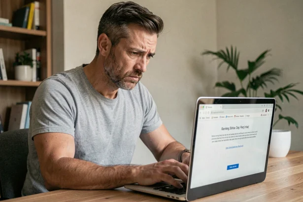 Homme frustré devant un écran d'ordinateur affichant une erreur de connexion après une mise à jour de la Freebox