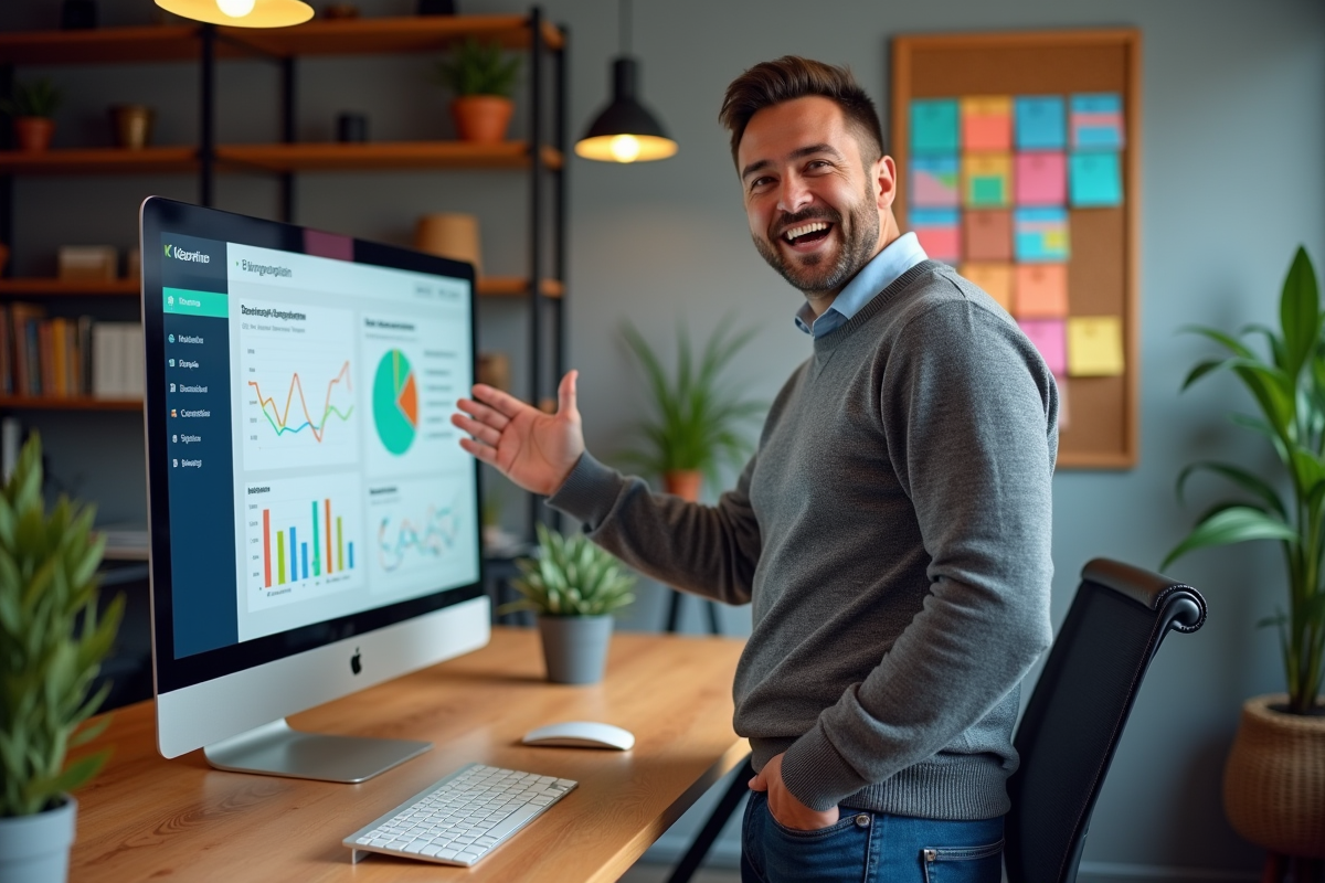 Homme en sweater montrant un tableau de bord d