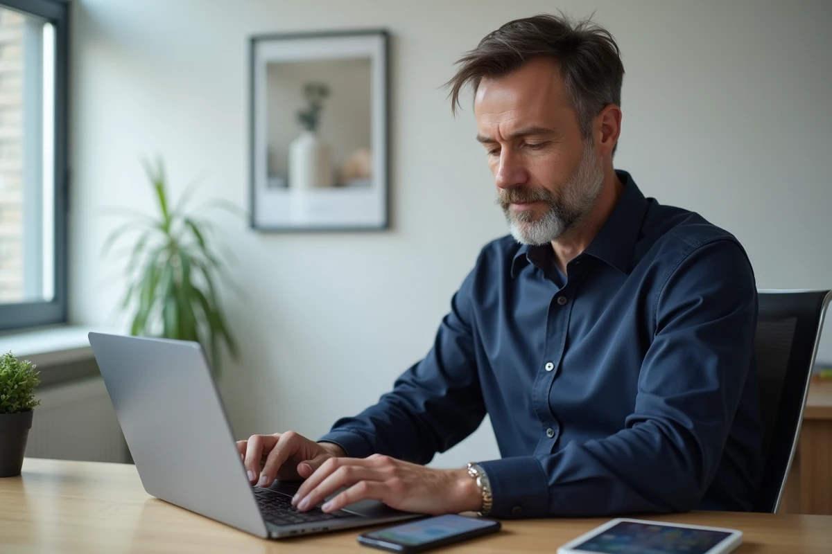 Homme gérant son compte Réglo Mobile sur ordinateur portable et smartphone dans un bureau à domicile