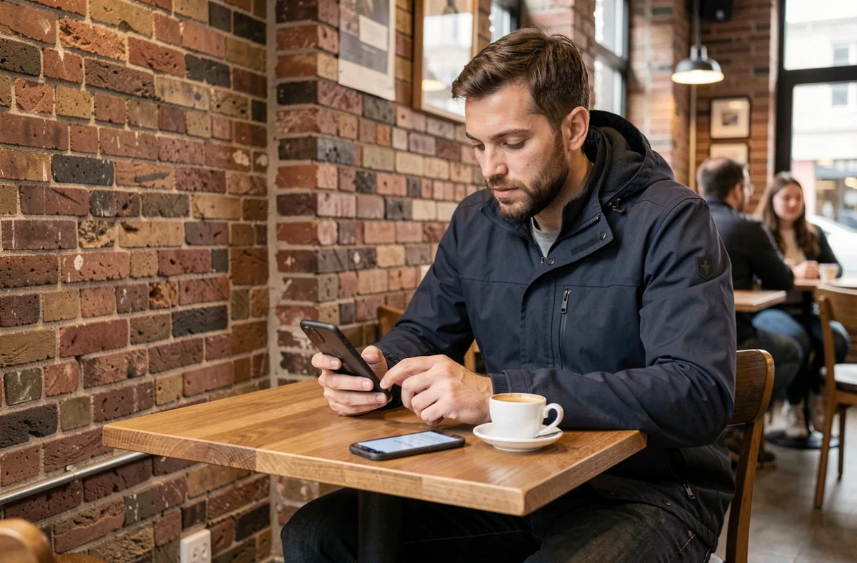 Homme utilisant un smartphone Google Pixel 8a dans un café urbain, représentant le profil d'utilisateur typique du téléphone Google
