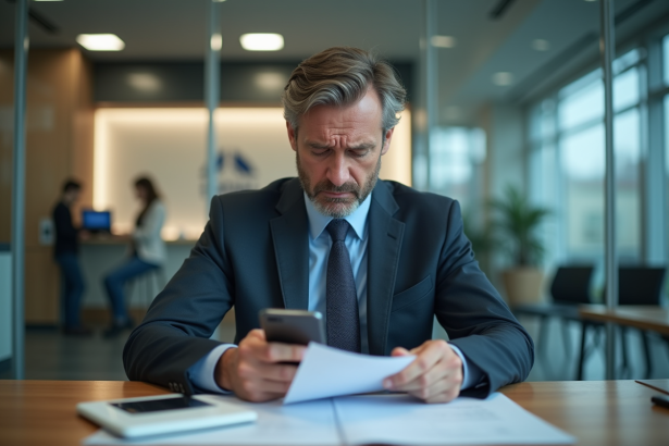 Homme d'affaires inquiet vérifiant son smartphone dans une banque