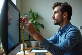 Jeune homme mesurant un écran d'ordinateur dans un bureau moderne