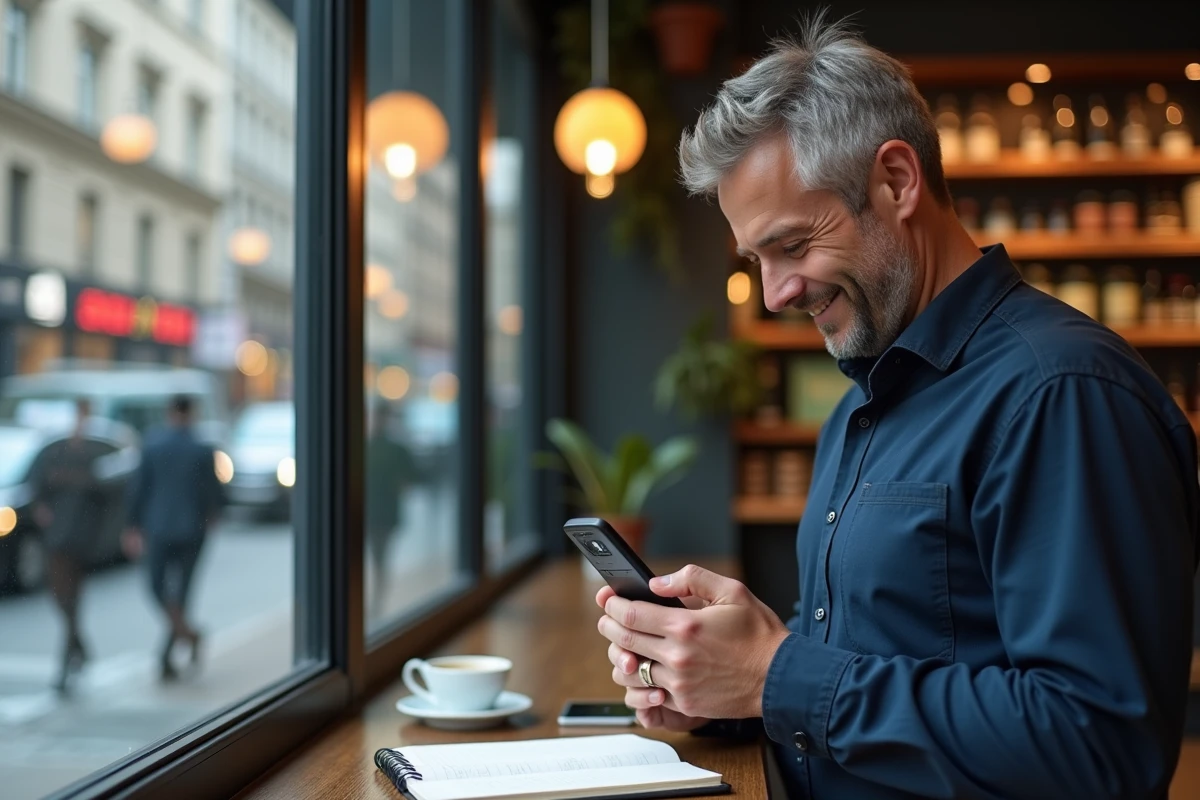 Homme d'affaires consultant les fonctionnalités cachées de son Nokia 3310 dans un café urbain, carnet et café posés devant lui